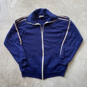 Vintage Activewear Mens Navy Blue Full Zip Track Jacket Tan Stripe Made in USA L